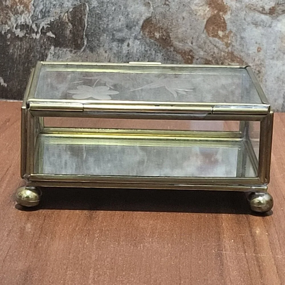 Vintage Trinket Box Hinged Lid Etched Bird Flower Glass Brass Trim Footed Jewelr
